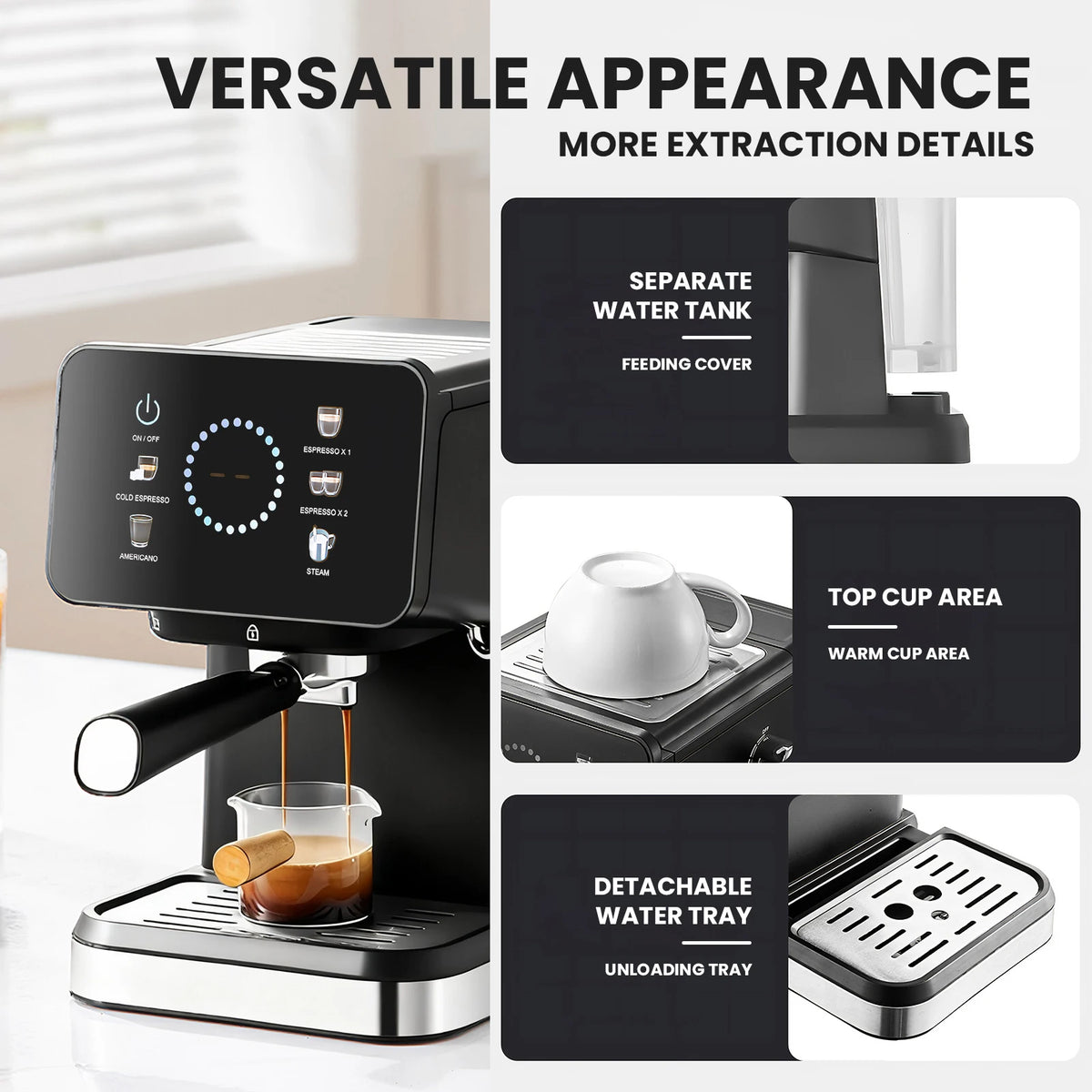 Zwarte espressomachine 20 bar voor warme en koude koffie