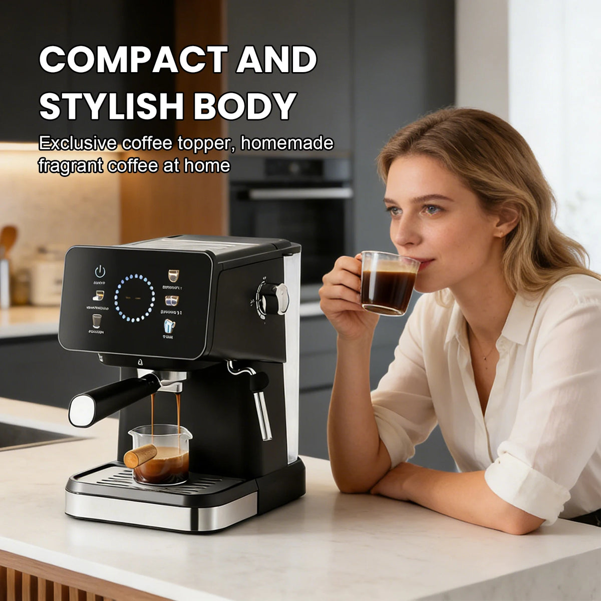 Zwarte espressomachine 20 bar voor warme en koude koffie