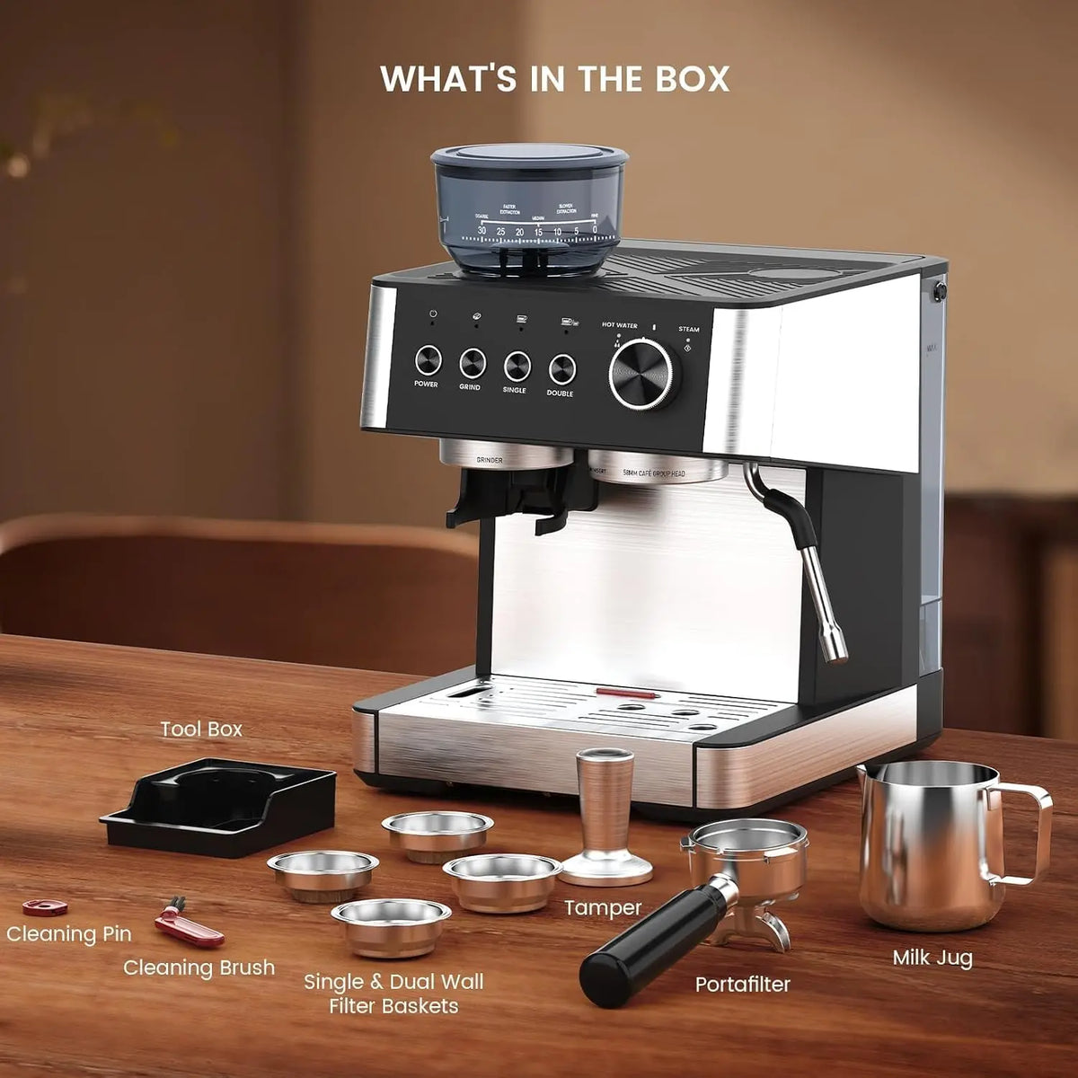 Espressomachine met 30 maalstanden en reservoir van 2,3 liter