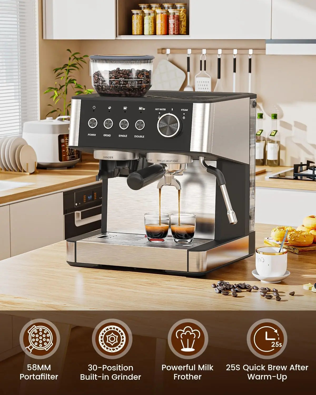 Espressomachine met 30 maalstanden en reservoir van 2,3 liter