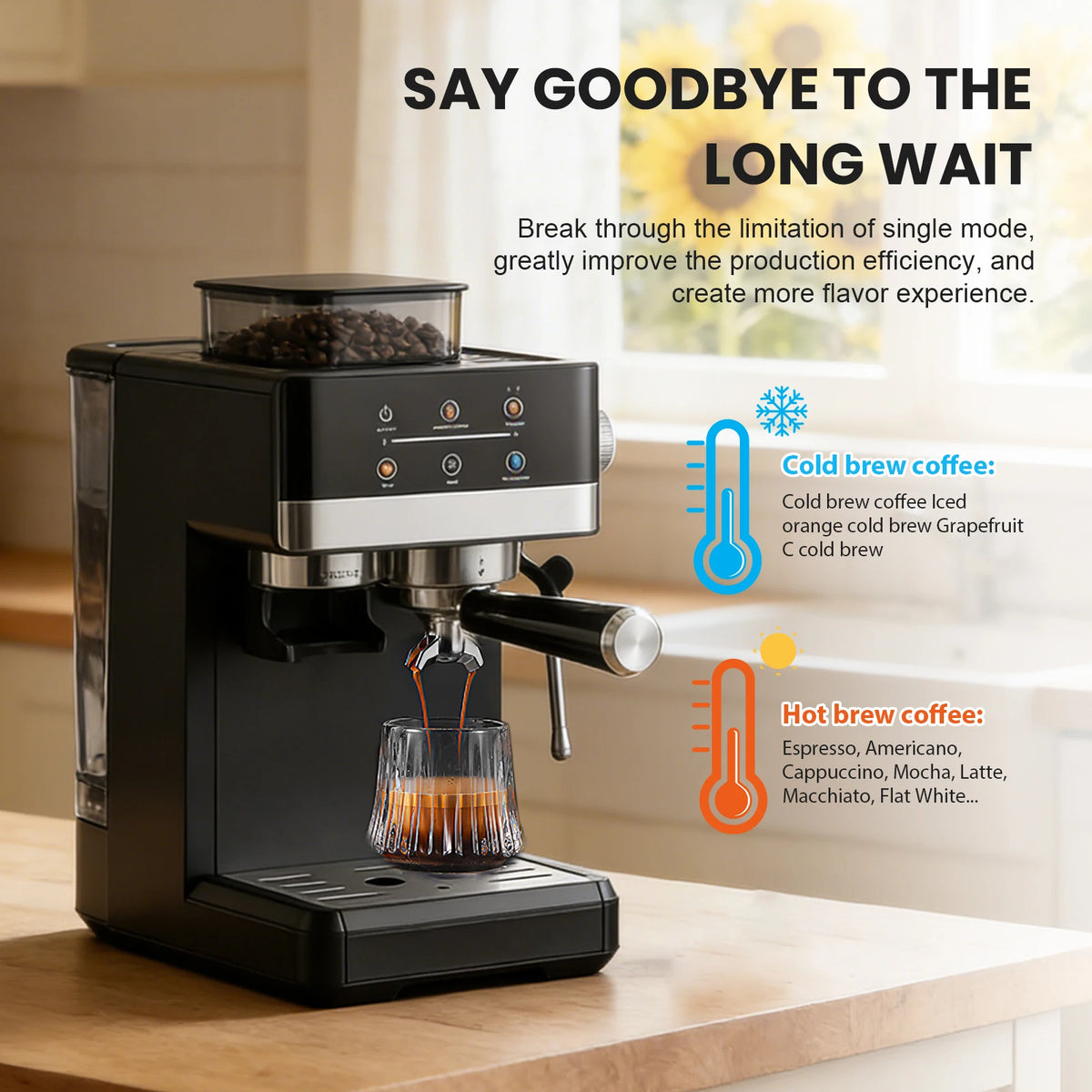 Espressomachine met koffiemolen en voorinfusie — productaanzicht